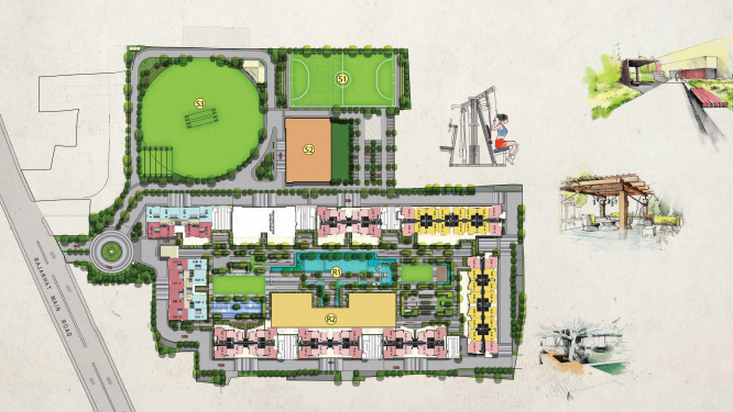 Detailed master plan layout of Serene Bilvani One showing 3 towers, green spaces, and community zones in Shankarpally